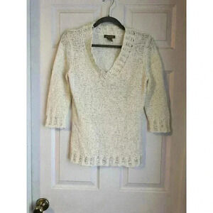 Kenar Women Ivory Cotton Blend Open Knit Long Sleeve VNeck Pullover Sweater Sz L